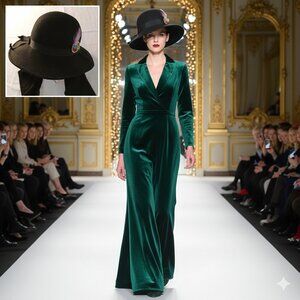 NWOT Lancaster Women Decorative Felt Hat 100% Wool Black Ear Warming Tie Preppy